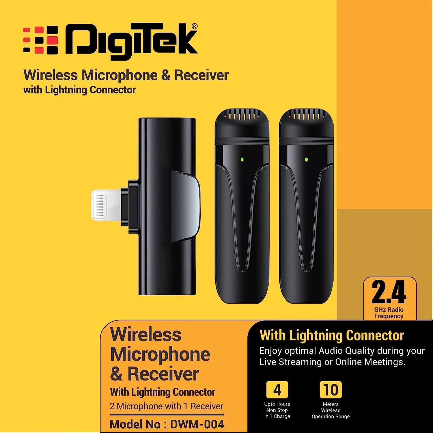 DIGITEK® (DWM 004) Wireless Microphone with Receiver Set, 2 Mics + 1 Receiver, Lightning Connector, 4 Hours Working Time, 10m Wireless Range, for Audio Recording, Live Streaming, Video Recording, for iPhone X/11/12/13/14 Series - Image 3