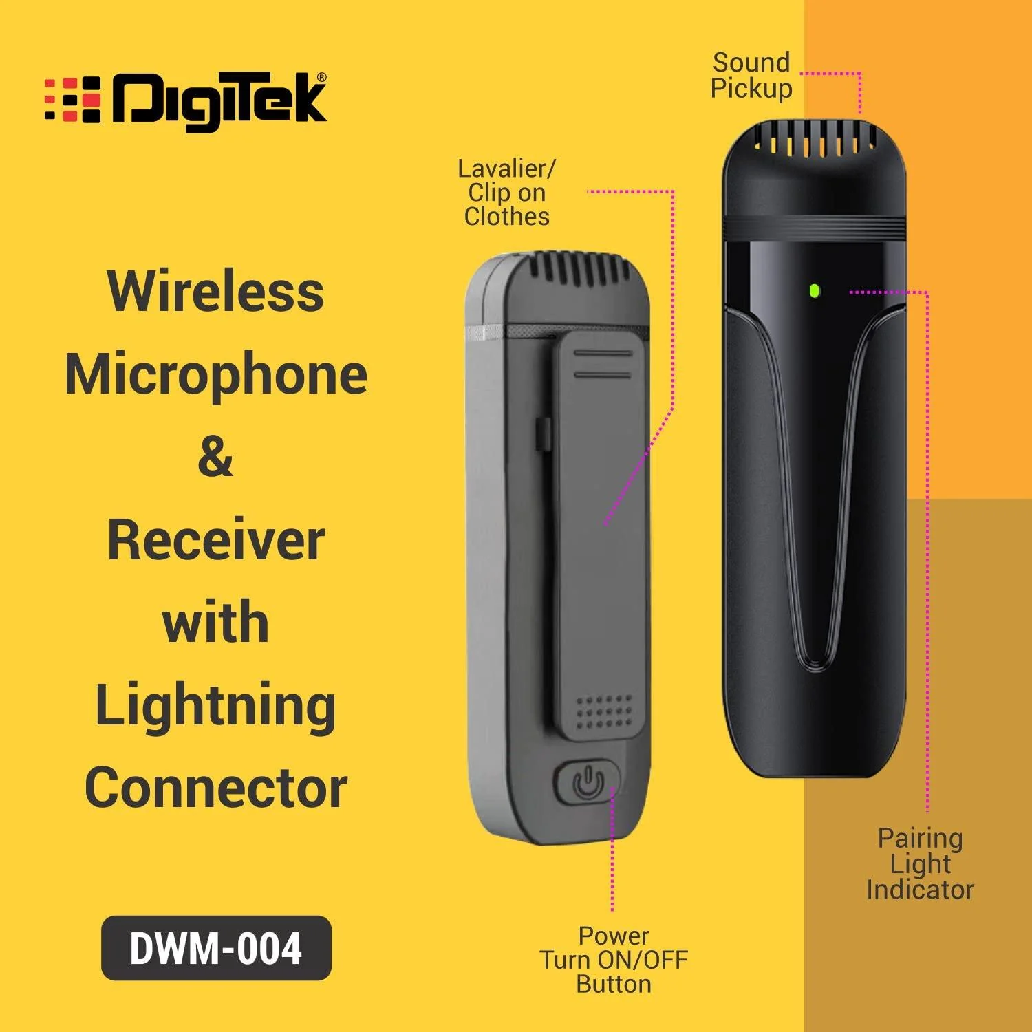 DIGITEK® (DWM 004) Wireless Microphone with Receiver Set, 2 Mics + 1 Receiver, Lightning Connector, 4 Hours Working Time, 10m Wireless Range, for Audio Recording, Live Streaming, Video Recording, for iPhone X/11/12/13/14 Series - Image 4