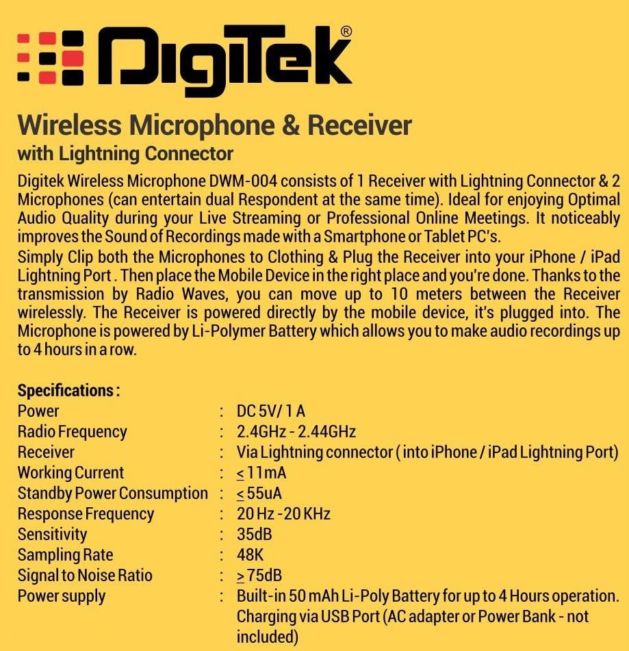 DIGITEK® (DWM 004) Wireless Microphone with Receiver Set, 2 Mics + 1 Receiver, Lightning Connector, 4 Hours Working Time, 10m Wireless Range, for Audio Recording, Live Streaming, Video Recording, for iPhone X/11/12/13/14 Series - Image 6