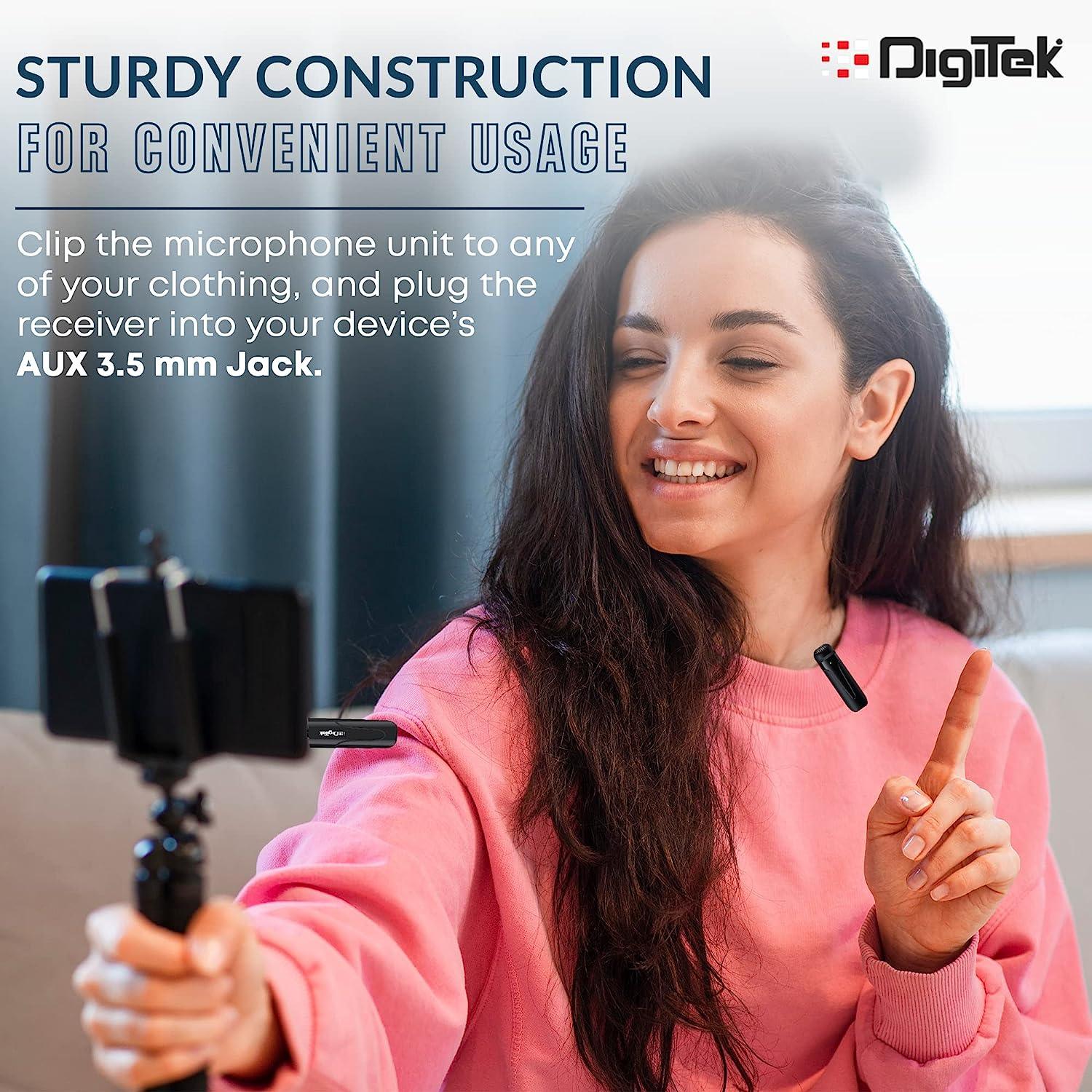 Digitek® (DWM-005) Wireless Microphone System with 3.5mm Aux Connector & Noise Cancellation, 10M Wireless Range, 4-Hour Working Time, Ideal for YouTube, Vlogs, Live Streaming, Video Shooting & More - Image 4